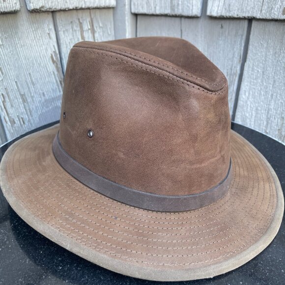 x2 Henschel Leather Fedora Hat Lot of 2 Vtg Brown and Cream Medium Made USA - Picture 2 of 16